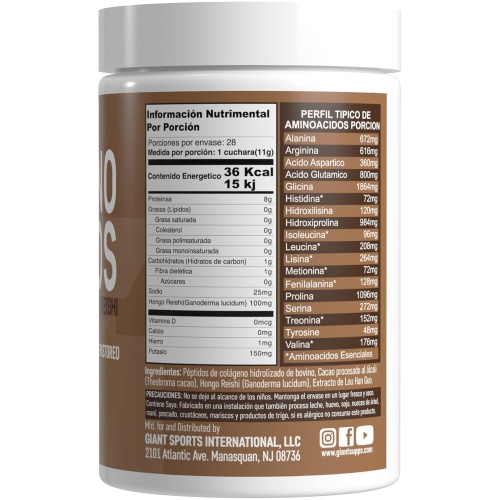 iant Sports International | Colágeno Hidrolizado con Cacao Natural y Hongos Reishi | No Contiene Aditivos, Ni Ingredientes Artificiales | Hecho en EUA | Tipo 1 y Tipo 3 de Colágeno Hidrolizado de Origen Bovino Alimentado con Pasto Sabor Chocolate Amargo  28 por. 312 gr - Image 2