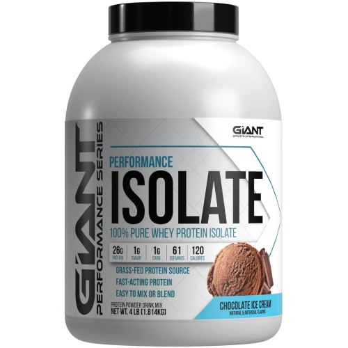 Giant Sports International Performance 100% Whey Protein Isolate | 4 lb | Sabor Chocolate Ice Cream | 26 Gramos de Proteína Completa Derivada de Aislado de Suero de Fuentes de Proteína Alimentadas con Pasto | 4lb | 61 Ser