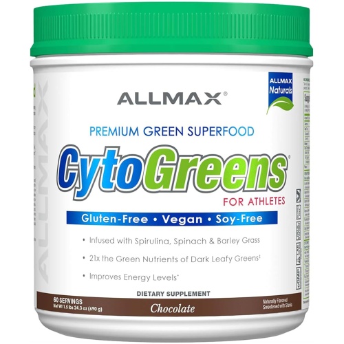 ALLMAX Nutrition CYTOGREENS, Chocolate - Supports Performance, Recovery & Energy - With Spirulina, Chlorella, Spinach, Barley Grass & Green Tea - 690g - 60 Ser