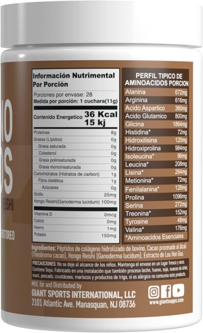 Giant Sports International | Colágeno Hidrolizado con Cacao Natural y Hongos Reishi | No Contiene Aditivos, Ni Ingredientes Artificiales | Hecho en EUA | Tipo 1 y Tipo 3 de Colágeno Hidrolizado de Origen Bovino Alimentado con Pasto Sabor Chocolate Amargo 312g 28 Ser - Image 2