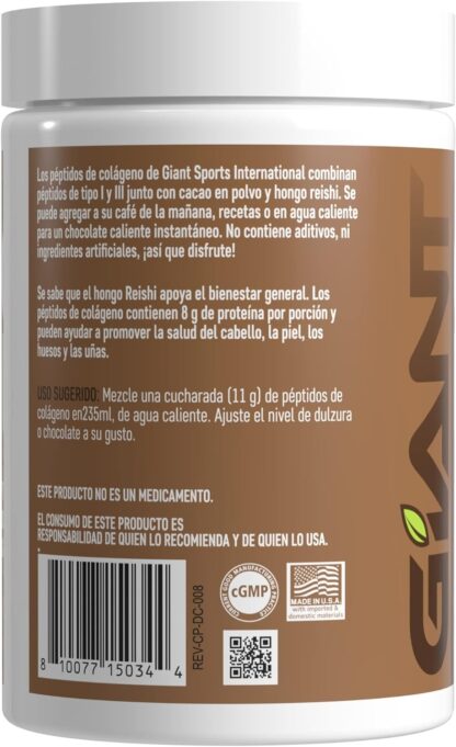 Giant Sports International | Colágeno Hidrolizado con Cacao Natural y Hongos Reishi | No Contiene Aditivos, Ni Ingredientes Artificiales | Hecho en EUA | Tipo 1 y Tipo 3 de Colágeno Hidrolizado de Origen Bovino Alimentado con Pasto Sabor Chocolate Amargo 312g 28 Ser - Image 3