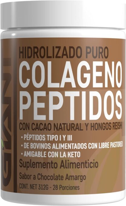 Giant Sports International | Colágeno Hidrolizado con Cacao Natural y Hongos Reishi | No Contiene Aditivos, Ni Ingredientes Artificiales | Hecho en EUA | Tipo 1 y Tipo 3 de Colágeno Hidrolizado de Origen Bovino Alimentado con Pasto Sabor Chocolate Amargo 312g 28 Ser