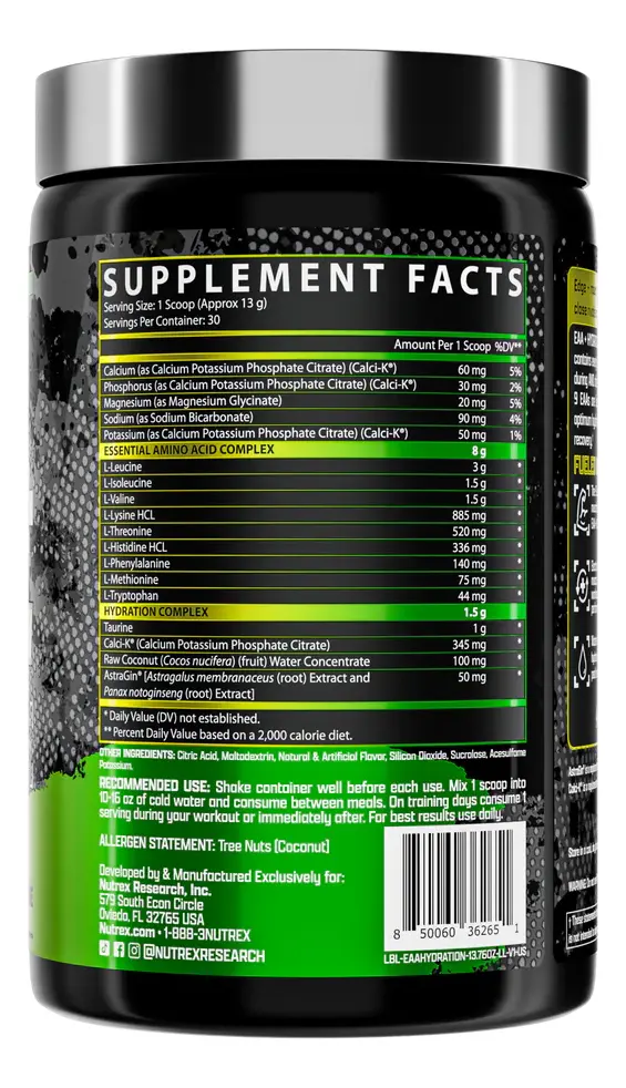 Nutrex Research EAA+ Hydration 390g 30 Ser - Lemon Lime - Imagen 2